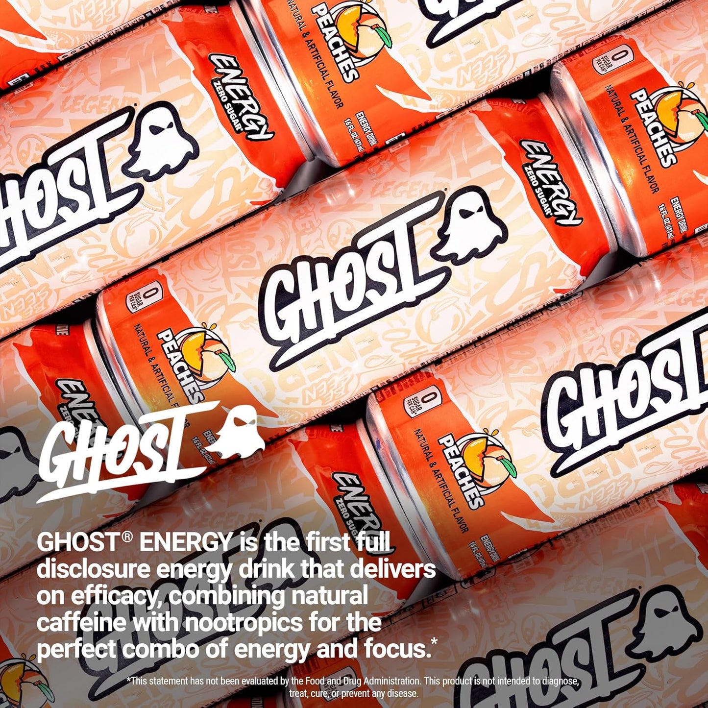 GHOST Peaches Energy Drink — 16 fl oz (473mL) × 12 Cans