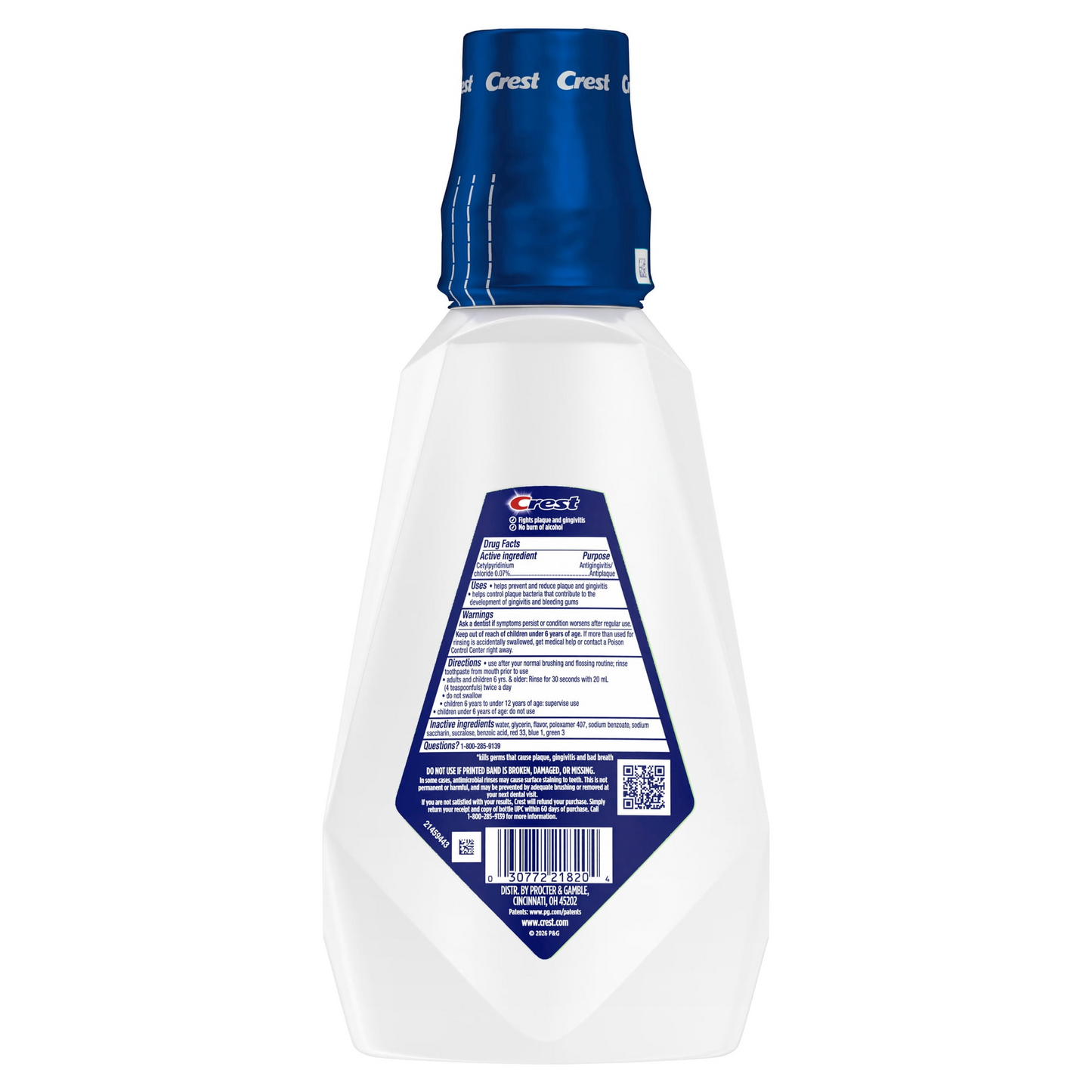 Crest Pro-Health Nightly Bacteria Shield Mouthwash — Soothing Mint, Alcohol-Free, Overnight Antibacterial Protection (1 L / 33.8 fl oz)