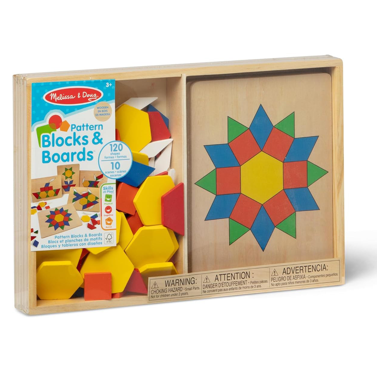Melissa & Doug 멜리사 앤 더그 패턴 블록 & 보드 — 120개 원목 도형 타일과 5장의 패턴 카드 (3-6세)