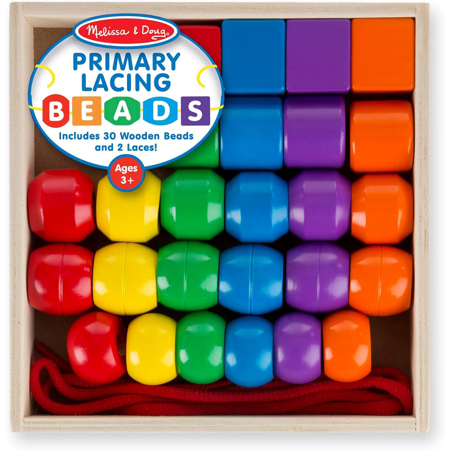 Melissa & Doug 멜리사 앤 더그 프라이머리 레이싱 비즈 — 원목 비즈 30개 + 끈 2개 (3세 이상)