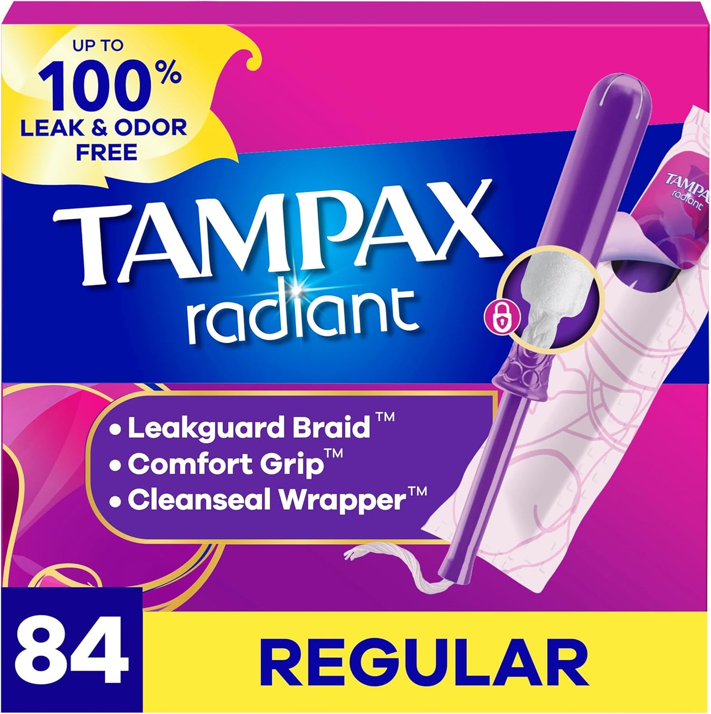 Tampax 탐팩스 라디언트 탐폰 — Flex-Foam 어플리케이터, FlexiShield 상단