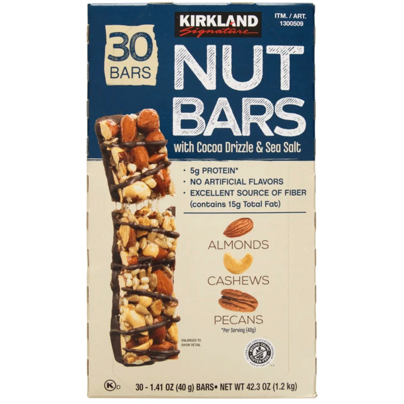 Kirkland Signature 커클랜드 시그니처 코코아 드리즐 & 천일염 너트 바 - 1.41 oz (40 g) - 30 Bars