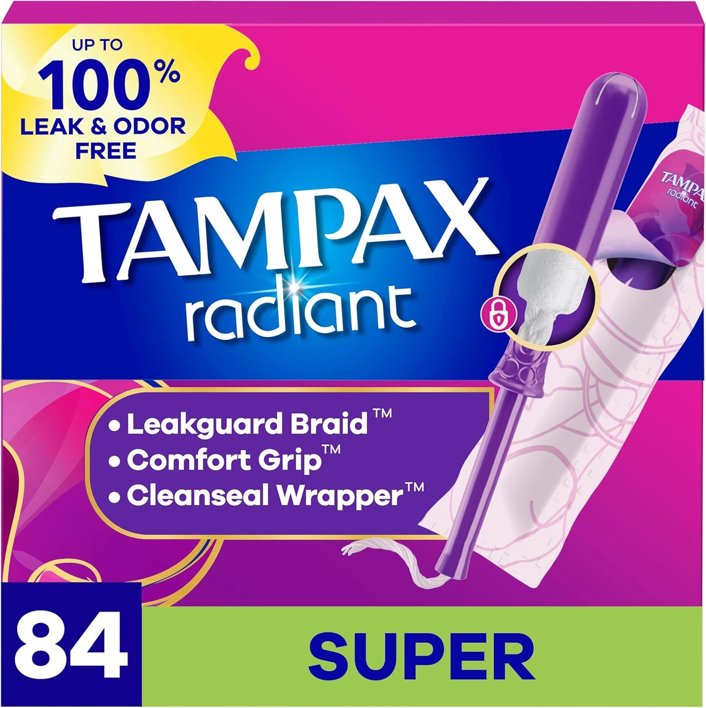 Tampax 탐팩스 라디언트 탐폰 — Flex-Foam 어플리케이터, FlexiShield 상단
