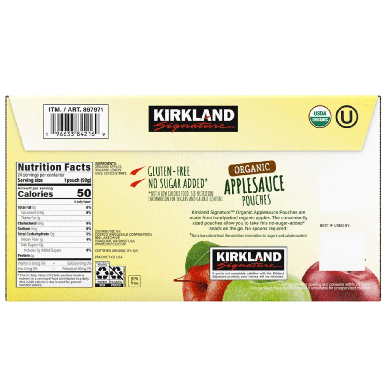 Kirkland Signature, Organic Applesauce - 3.17 oz (90 g) - 24 Pouches