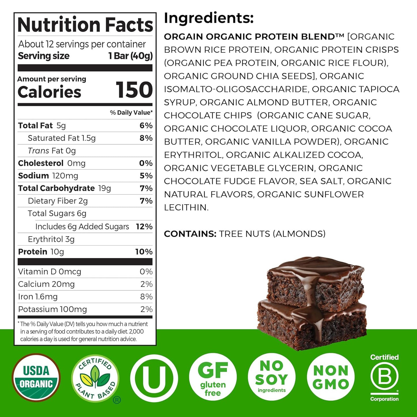 Orgain Organic Vegan Protein Bar — 1.41 oz (40g) × 12 Bars