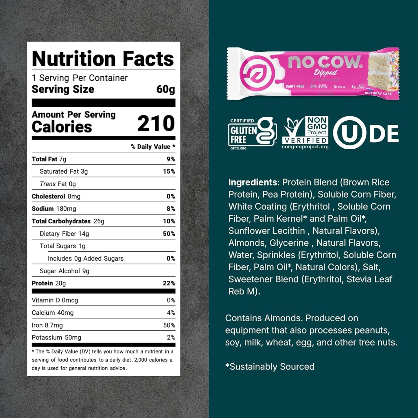 No Cow Vegan Protein Bar — 2.12 oz (60g) × 12 Bars
