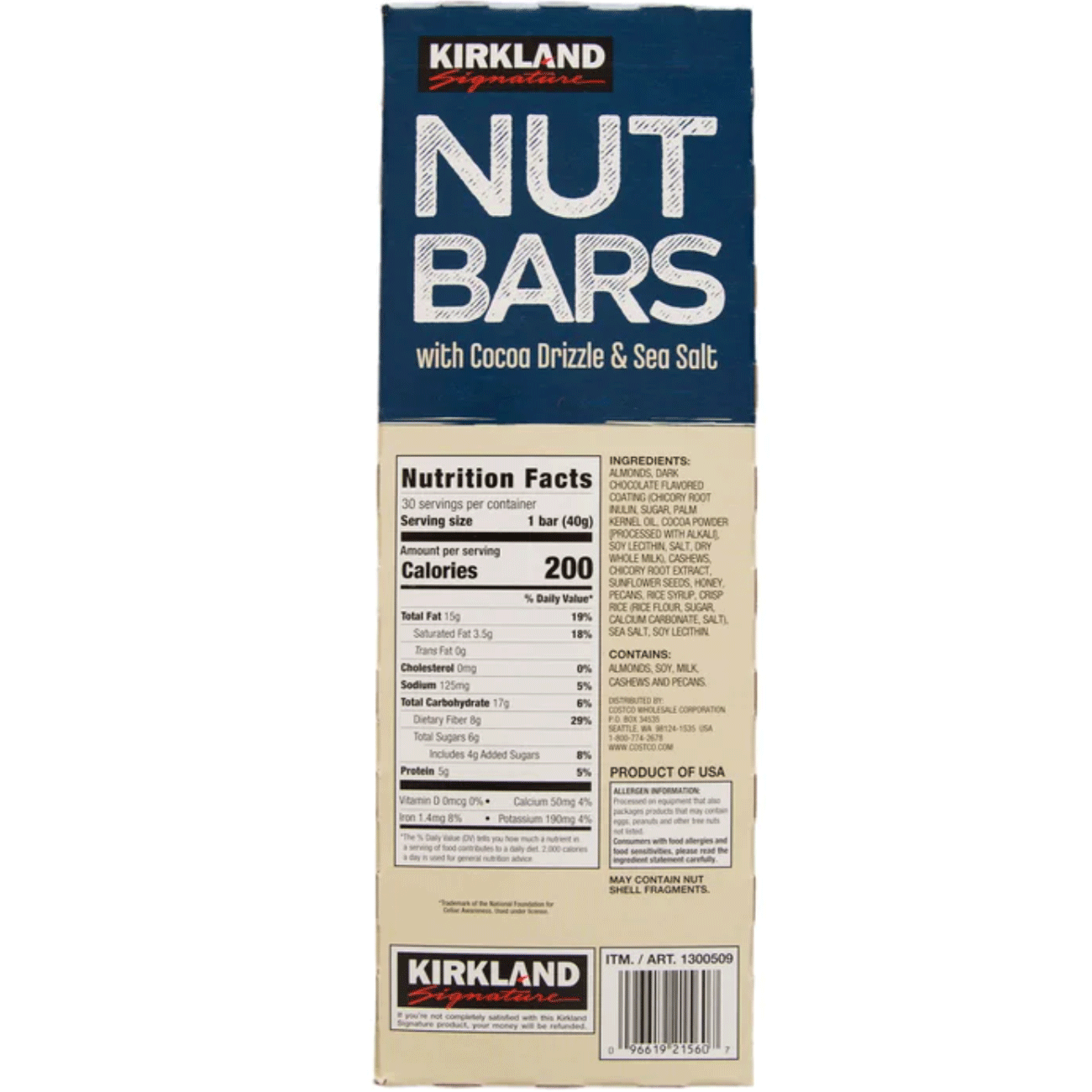 Kirkland Signature 커클랜드 시그니처 코코아 드리즐 & 천일염 너트 바 - 1.41 oz (40 g) - 30 Bars