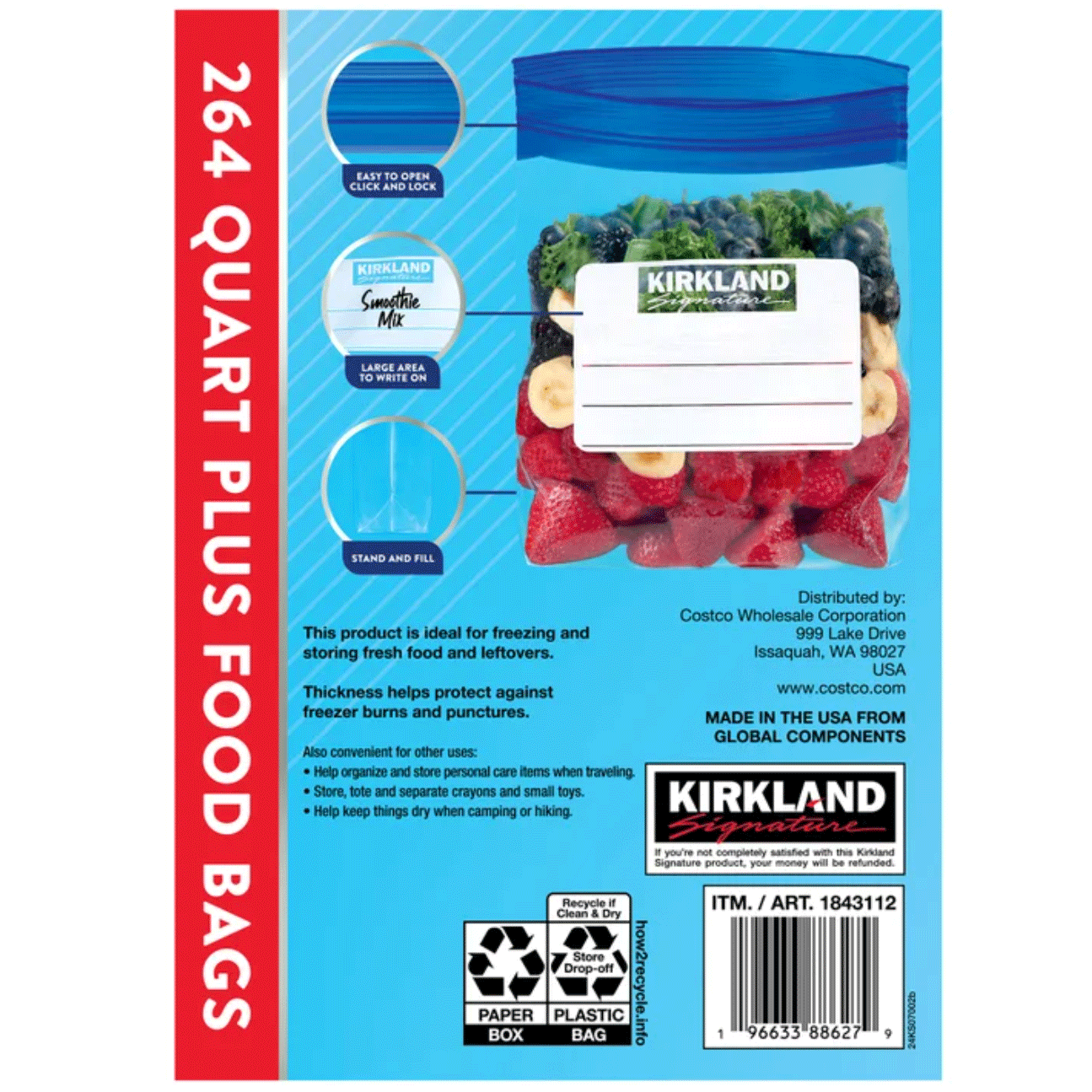 Kirkland Signature Freezer Quart Plus Bags - 264 Bags
