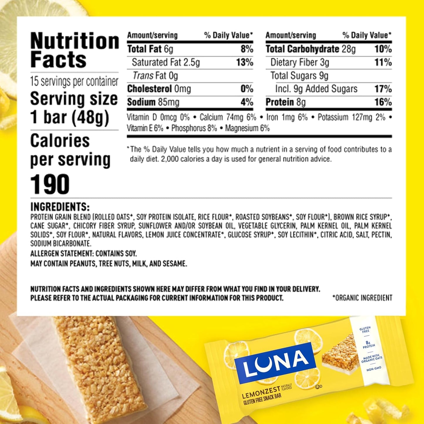 LUNA Bar Whole Nutrition Snack Bar — LemonZest, 1.69 oz (48g) × 12 Bars