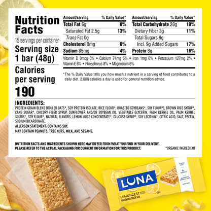 LUNA Bar Whole Nutrition Snack Bar — LemonZest, 1.69 oz (48g) × 12 Bars