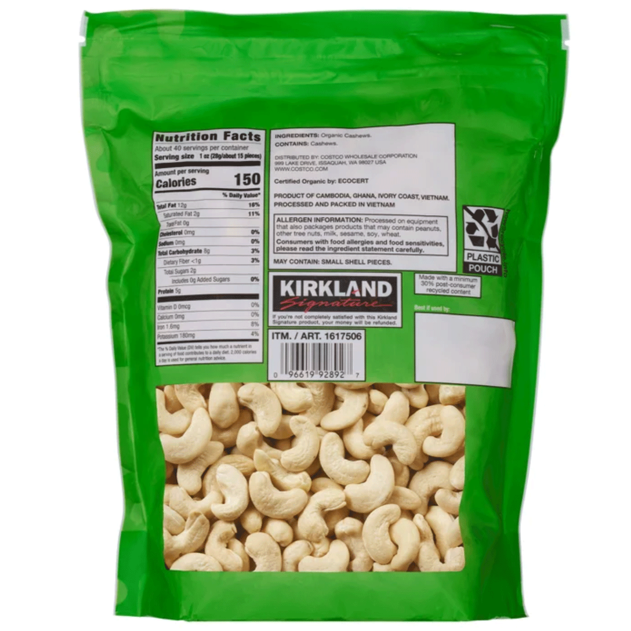 Kirkland Signature Organic Whole Cashews, Unsalted, Unroasted - 40 oz (2.5 lb) / 1.13kg