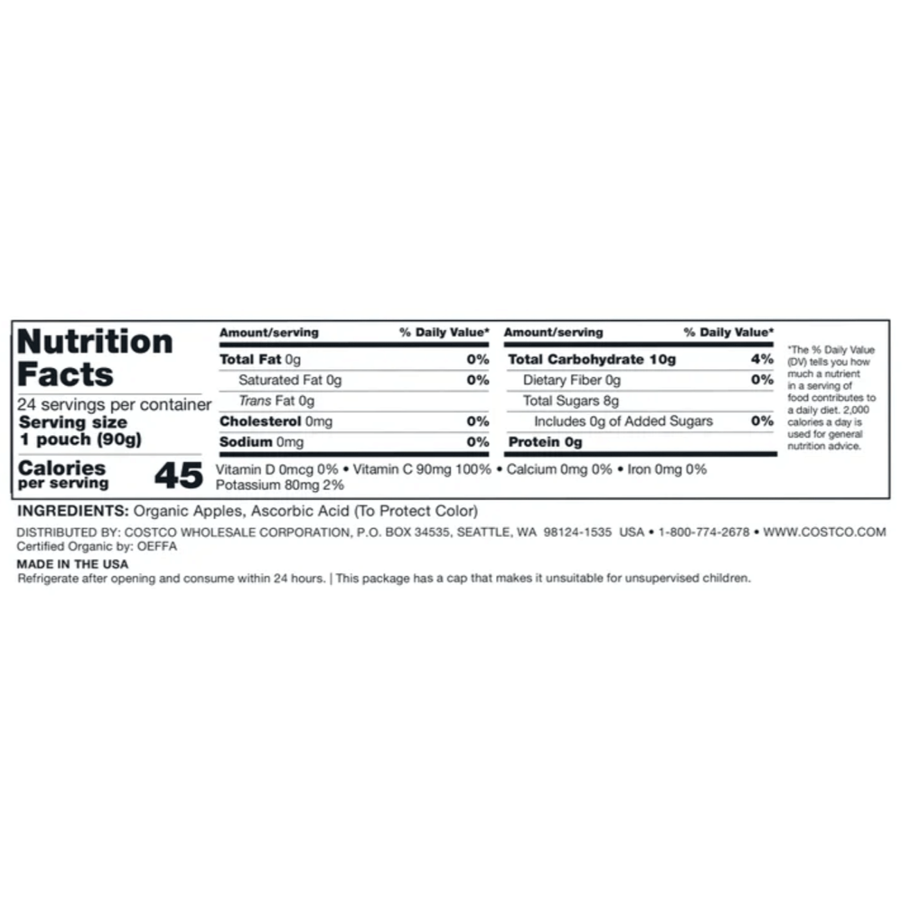 Kirkland Signature, Organic Applesauce - 3.17 oz (90 g) - 24 Pouches