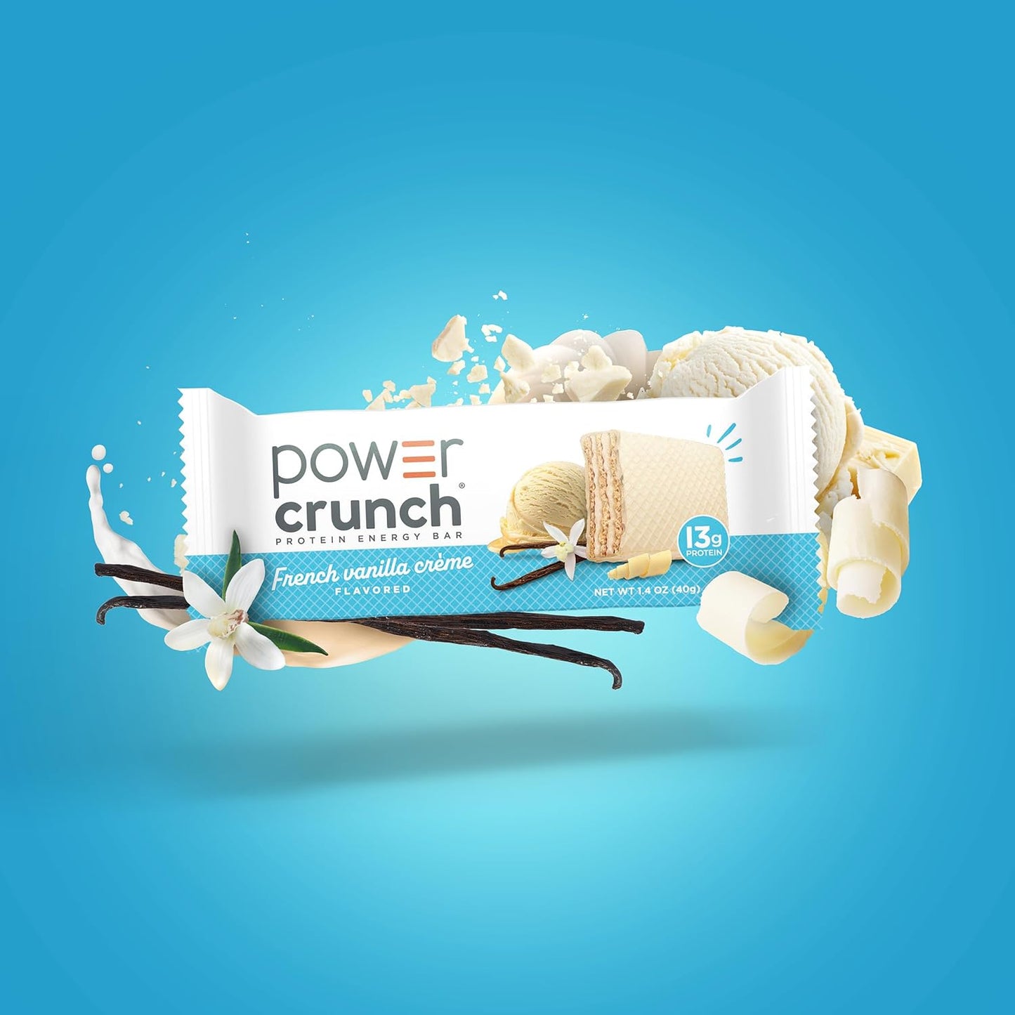 Power Crunch 프로틴 웨이퍼 바 — 프렌치 바닐라 크림, 40g (1.4 oz) × 12바