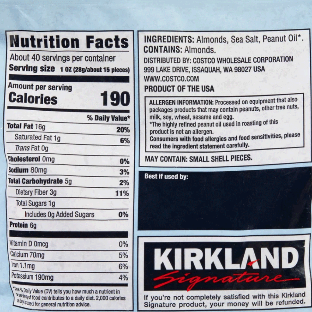 Kirkland Signature Roasted Almonds, Sea Salt - 40 oz (2.5 lbs) / (1.13 kg)
