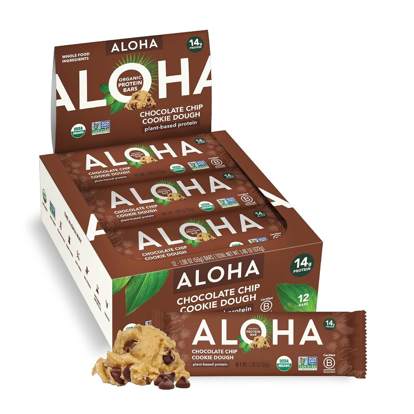 ALOHA 알로하 유기농 식물성 프로틴 바 — 56g (1.98 oz) × 12바