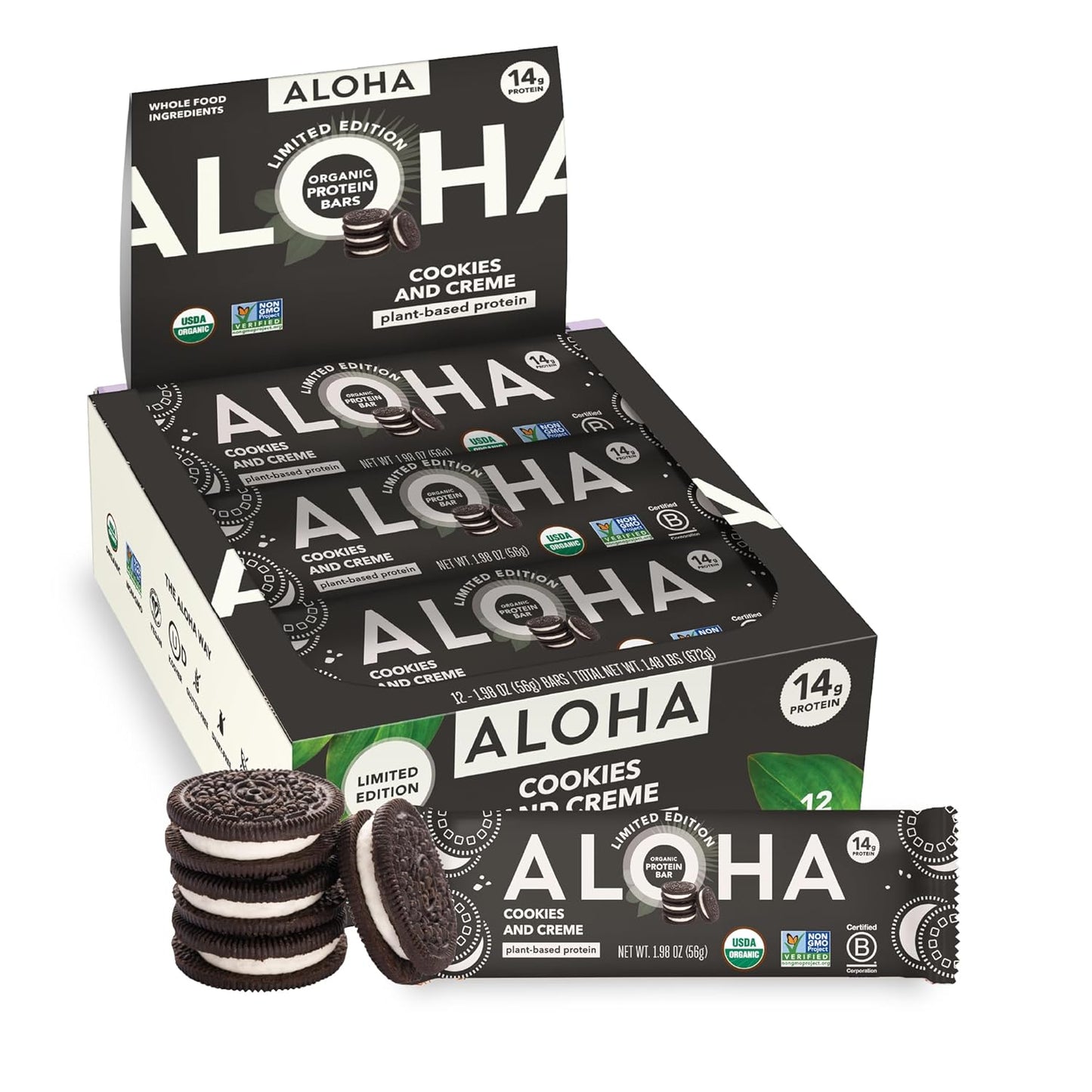 ALOHA 알로하 유기농 식물성 프로틴 바 — 56g (1.98 oz) × 12바