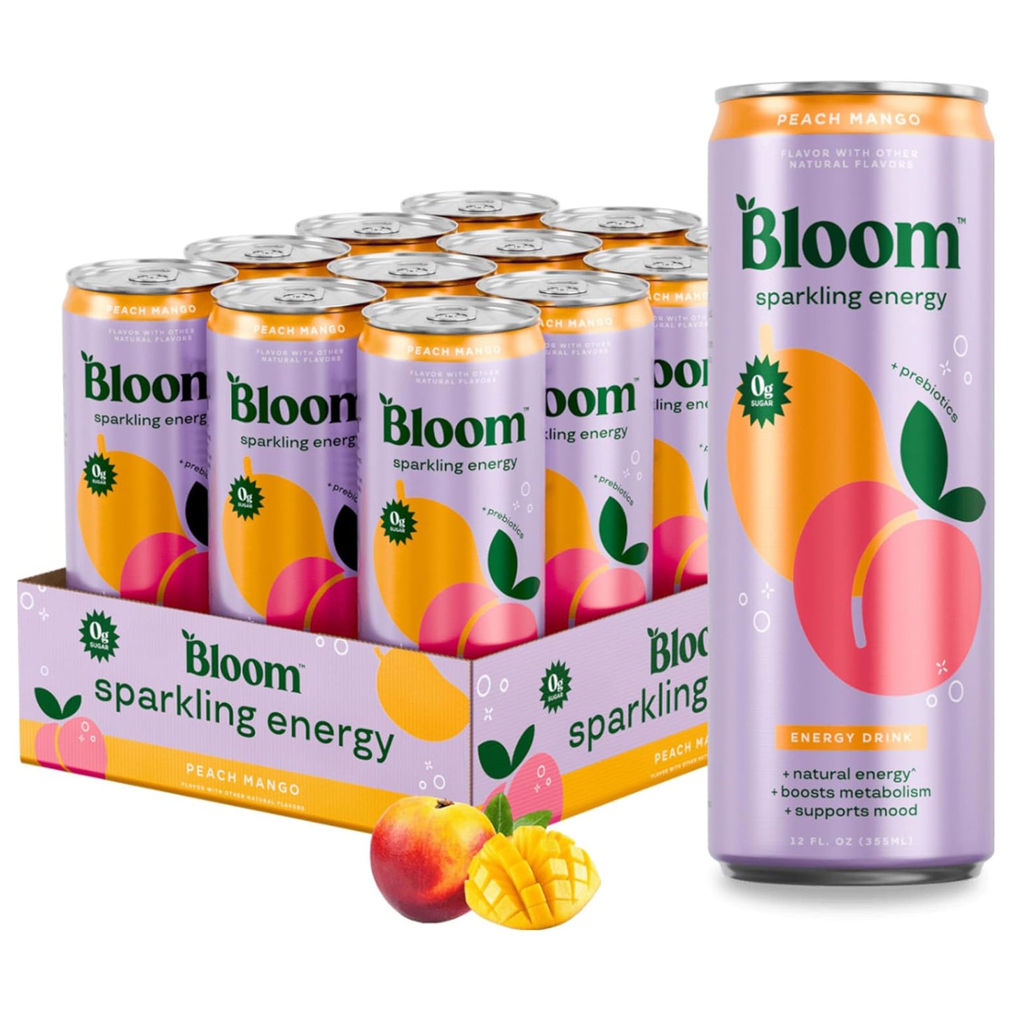 Bloom Nutrition Sparkling Energy Drink Original - Peach Mango — 12 fl oz (355mL) × 12 Cans