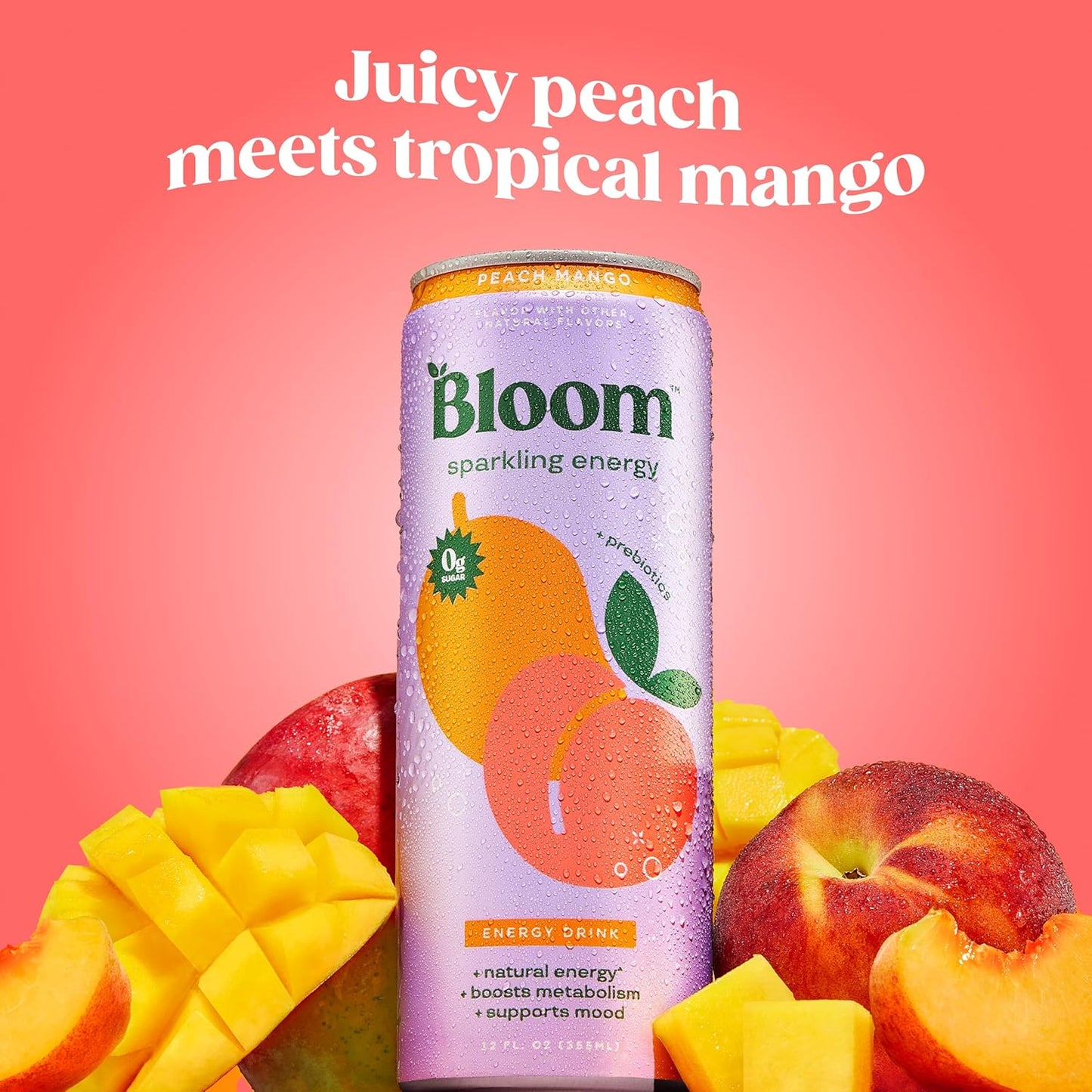 Bloom Nutrition Sparkling Energy Drink Original - Peach Mango — 12 fl oz (355mL) × 12 Cans