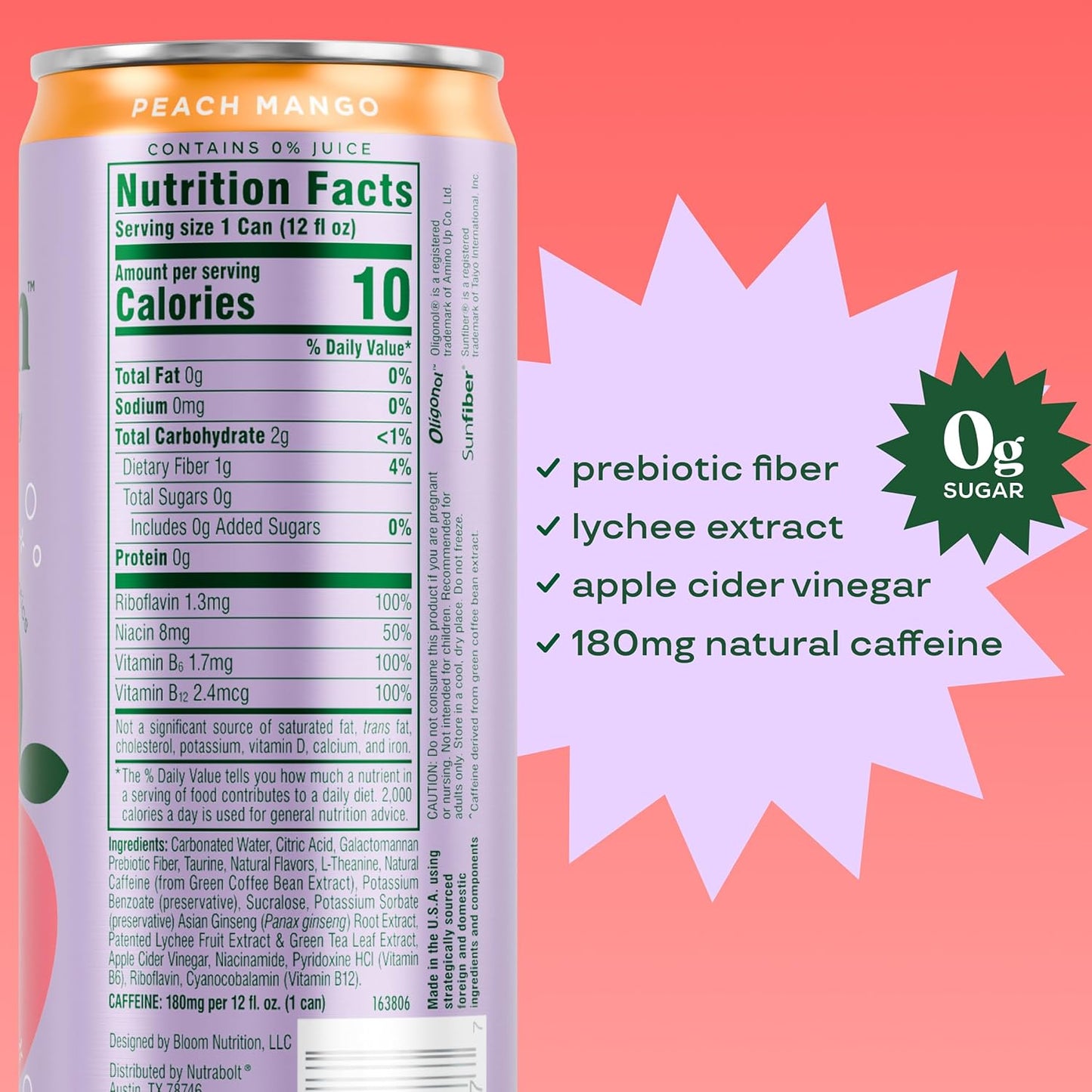 Bloom Nutrition Sparkling Energy Drink Original - Peach Mango — 12 fl oz (355mL) × 12 Cans