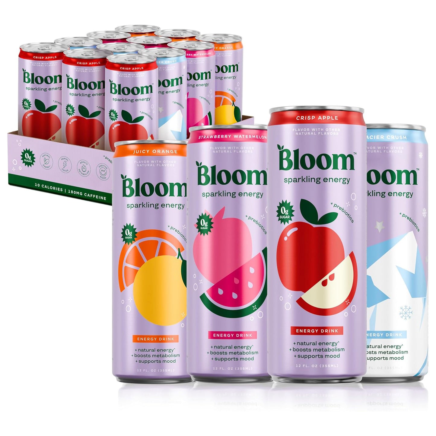 Bloom Nutrition Sparkling Energy Drink (Apple Crisp / Glacier Crush Variety) — 12 fl oz (355mL) × 12 Cans