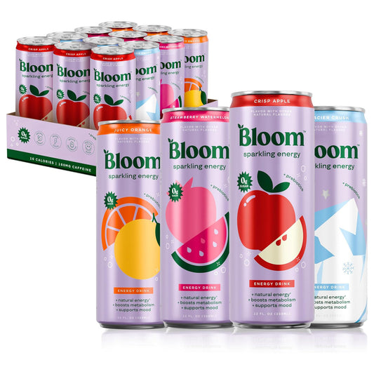Bloom Nutrition 블룸 뉴트리션 스파클링 에너지 드링크 (애플 크리스프 / 글레이셔 크러쉬 버라이어티) — 355mL (12 fl oz) × 12캔