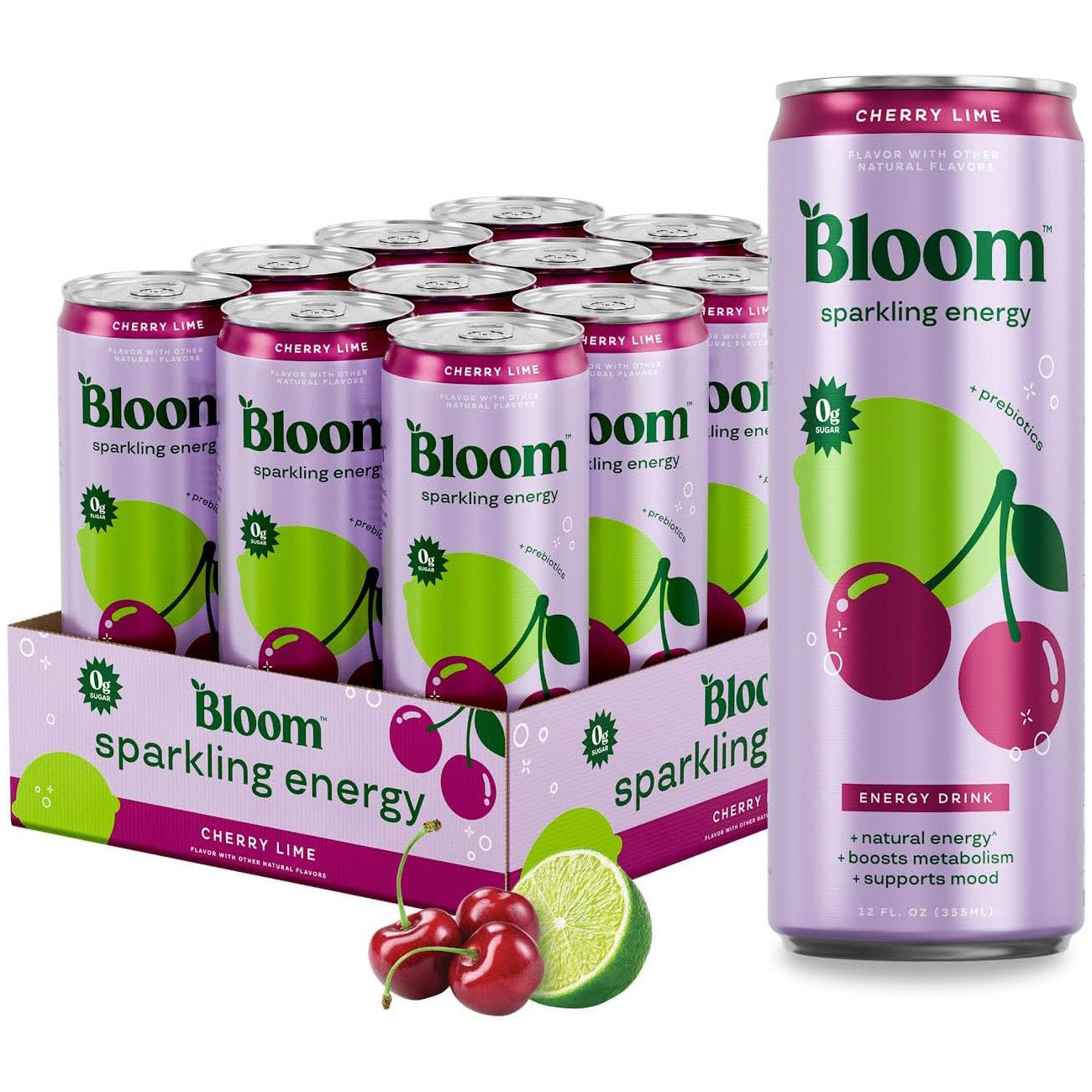 Bloom Nutrition Sparkling Energy Drink (Cherry Lime) — 12 fl oz (355mL) × 12 Cans