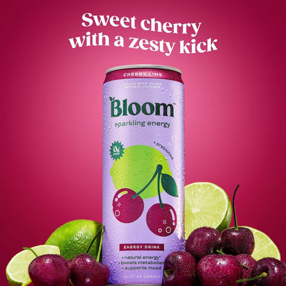 Bloom Nutrition Sparkling Energy Drink (Cherry Lime) — 12 fl oz (355mL) × 12 Cans