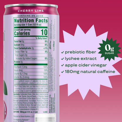 Bloom Nutrition Sparkling Energy Drink (Cherry Lime) — 12 fl oz (355mL) × 12 Cans