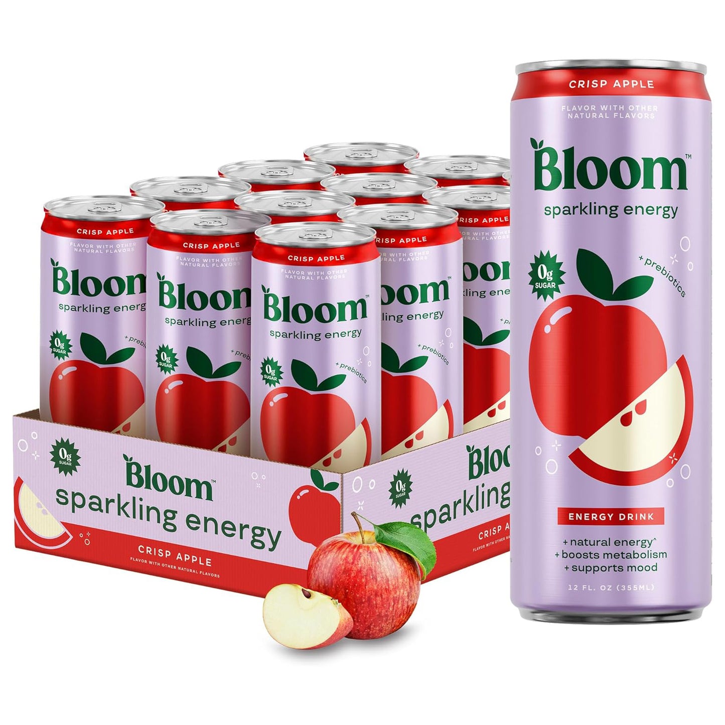 Bloom Nutrition Sparkling Energy Drink (Crisp Apple) — 12 fl oz (355mL) × 12 Cans