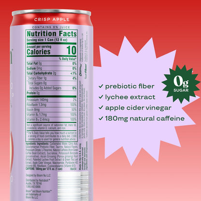 Bloom Nutrition Sparkling Energy Drink (Crisp Apple) — 12 fl oz (355mL) × 12 Cans