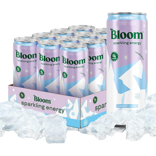 Bloom Nutrition 블룸 뉴트리션 스파클링 에너지 드링크 (글레이셔 크러쉬) — 355mL (12 fl oz) × 12캔