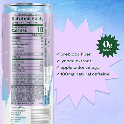 Bloom Nutrition Sparkling Energy Drink (Glacier Crush) — 12 fl oz (355mL) × 12 Cans