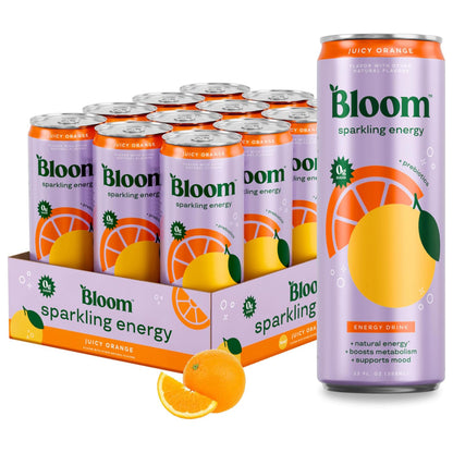Bloom Nutrition Sparkling Energy Drink (Orange) — 12 fl oz (355mL) × 12 Cans