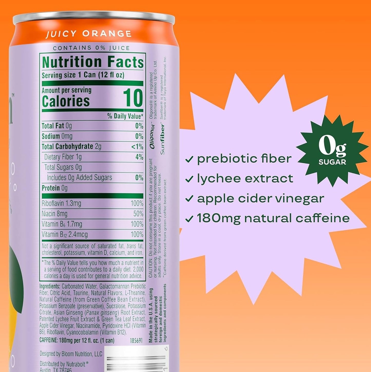Bloom Nutrition Sparkling Energy Drink (Orange) — 12 fl oz (355mL) × 12 Cans