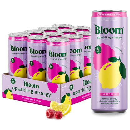 Bloom Nutrition Sparkling Energy Drink (Raspberry Lemon, Focus) — 12 fl oz (355mL) × 12 Cans