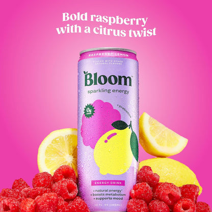 Bloom Nutrition Sparkling Energy Drink (Raspberry Lemon, Focus) — 12 fl oz (355mL) × 12 Cans