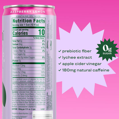 Bloom Nutrition Sparkling Energy Drink (Raspberry Lemon, Focus) — 12 fl oz (355mL) × 12 Cans
