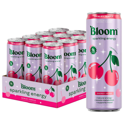 Bloom Nutrition Sparkling Energy Drink (Shirley Temple) — 12 fl oz (355mL) × 12 Cans