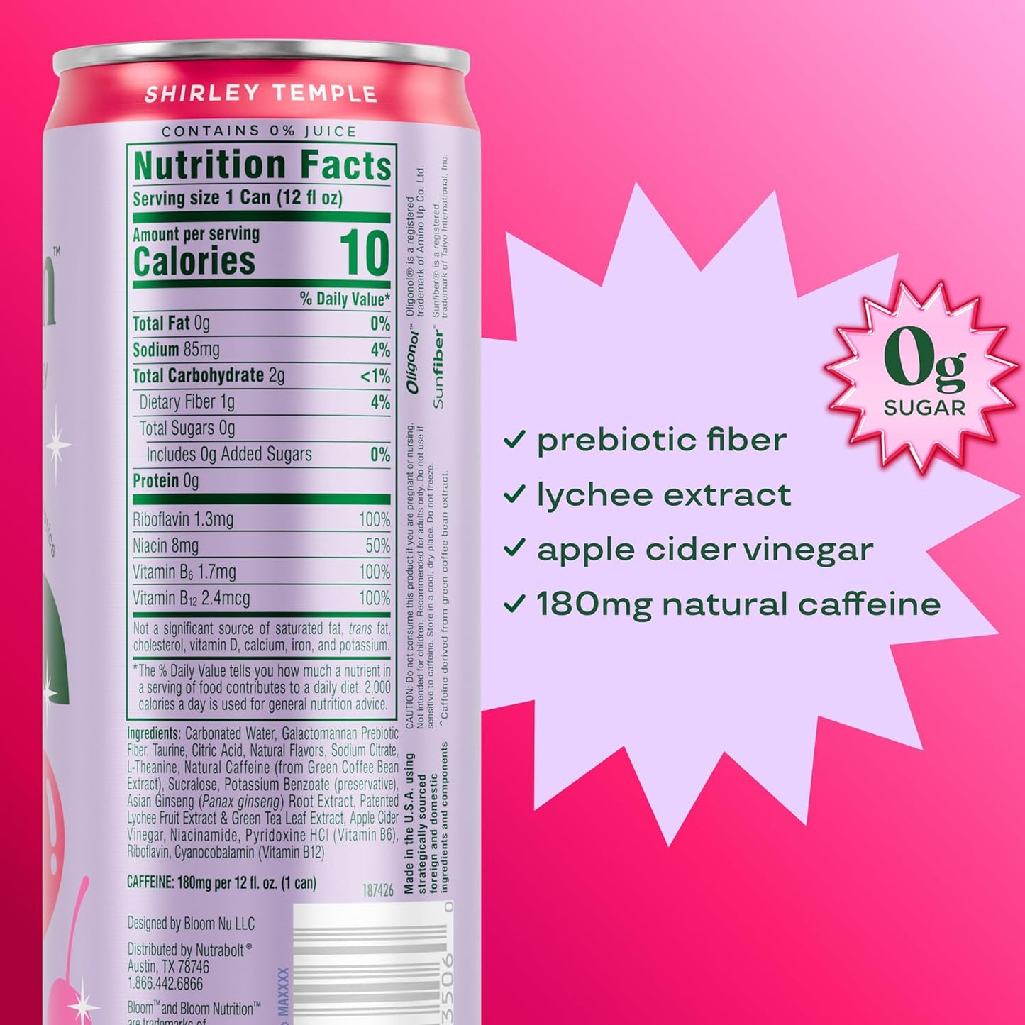 Bloom Nutrition Sparkling Energy Drink (Shirley Temple) — 12 fl oz (355mL) × 12 Cans