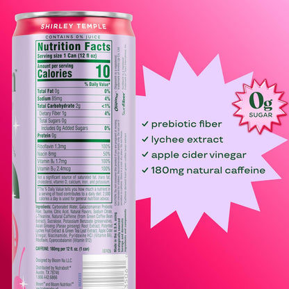 Bloom Nutrition Sparkling Energy Drink (Shirley Temple) — 12 fl oz (355mL) × 12 Cans