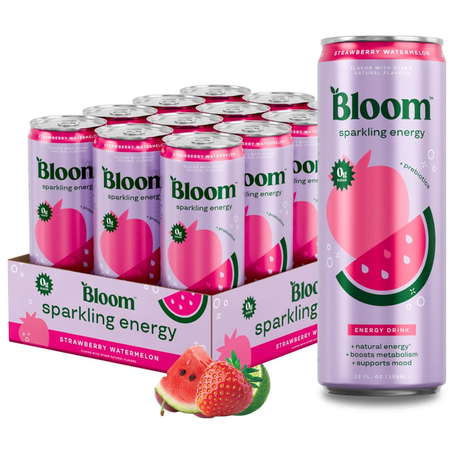 Bloom Nutrition Sparkling Energy Drink (Strawberry Watermelon) — 12 fl oz (355mL) × 12 Cans