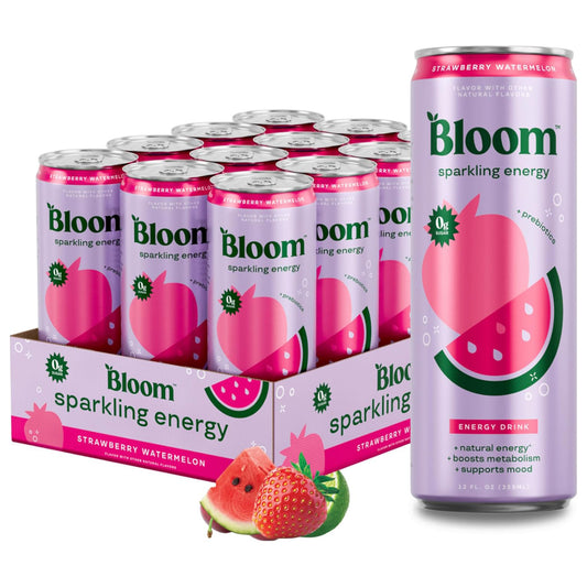 Bloom Nutrition 블룸 뉴트리션 스파클링 에너지 드링크 (딸기 수박) — 355mL (12 fl oz) × 12캔