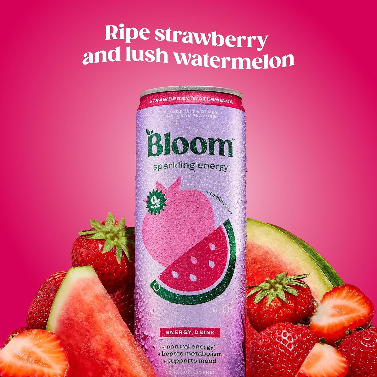 Bloom Nutrition Sparkling Energy Drink (Strawberry Watermelon) — 12 fl oz (355mL) × 12 Cans