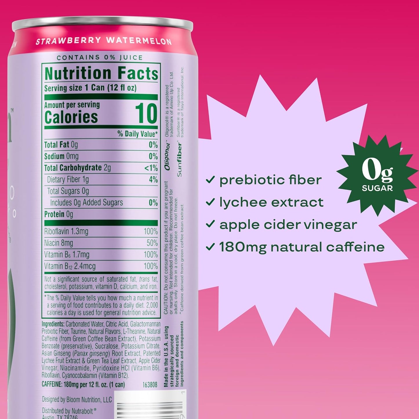 Bloom Nutrition Sparkling Energy Drink (Strawberry Watermelon) — 12 fl oz (355mL) × 12 Cans