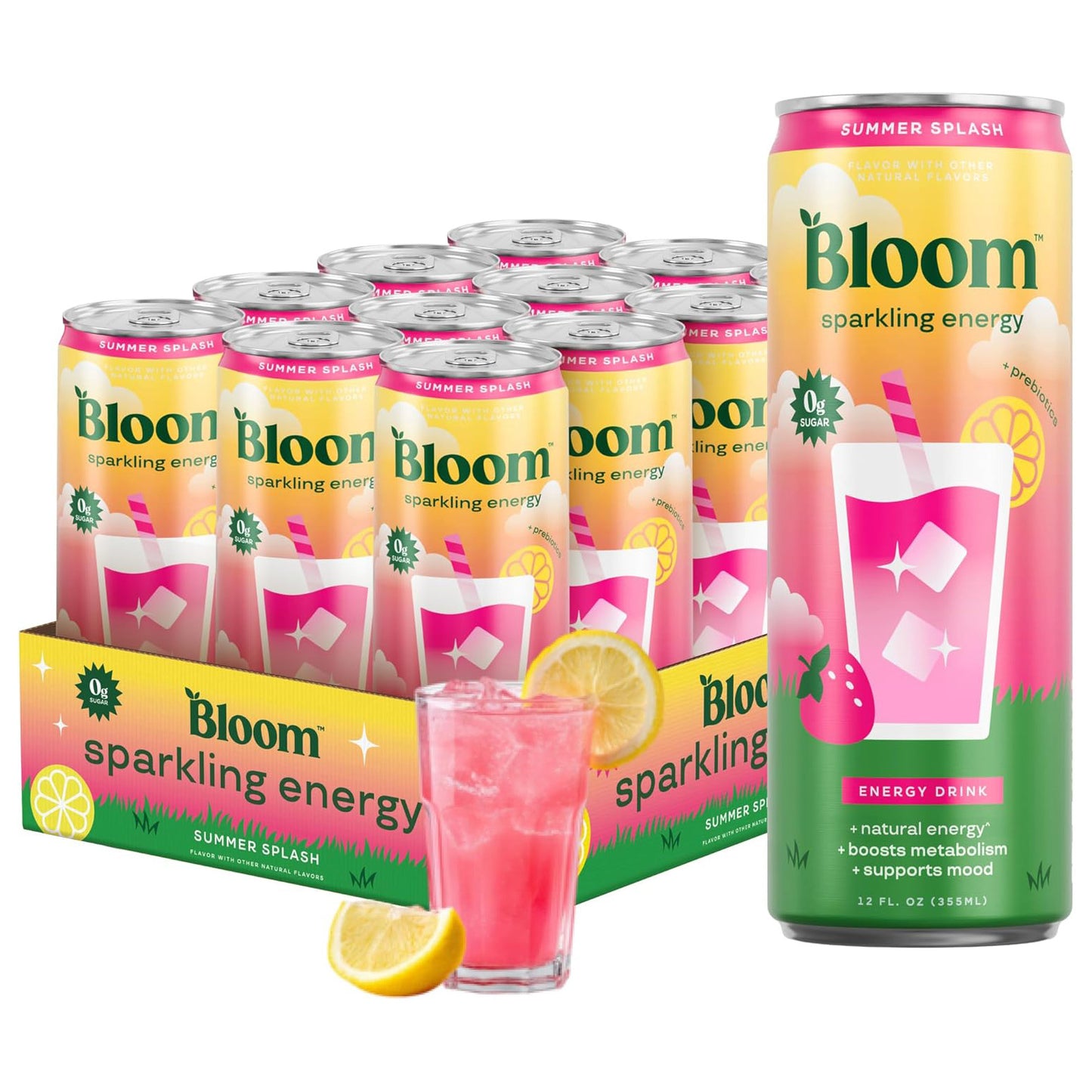 Bloom Nutrition Sparkling Energy Drink (Summer Splash) — 12 fl oz (355mL) × 12 Cans