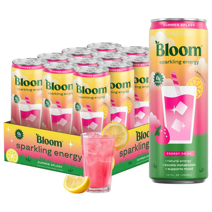 Bloom Nutrition Sparkling Energy Drink (Summer Splash) — 12 fl oz (355mL) × 12 Cans