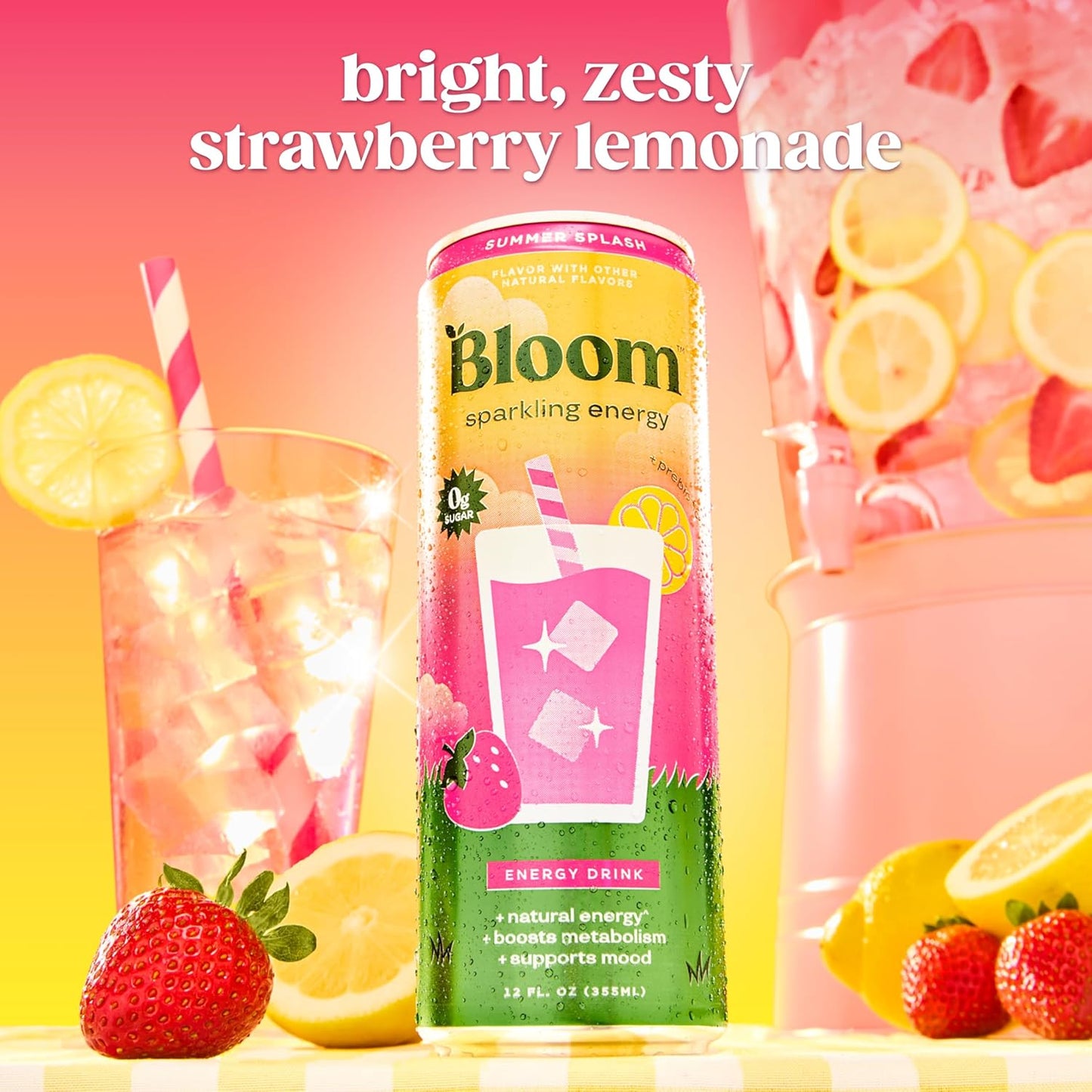 Bloom Nutrition Sparkling Energy Drink (Summer Splash) — 12 fl oz (355mL) × 12 Cans