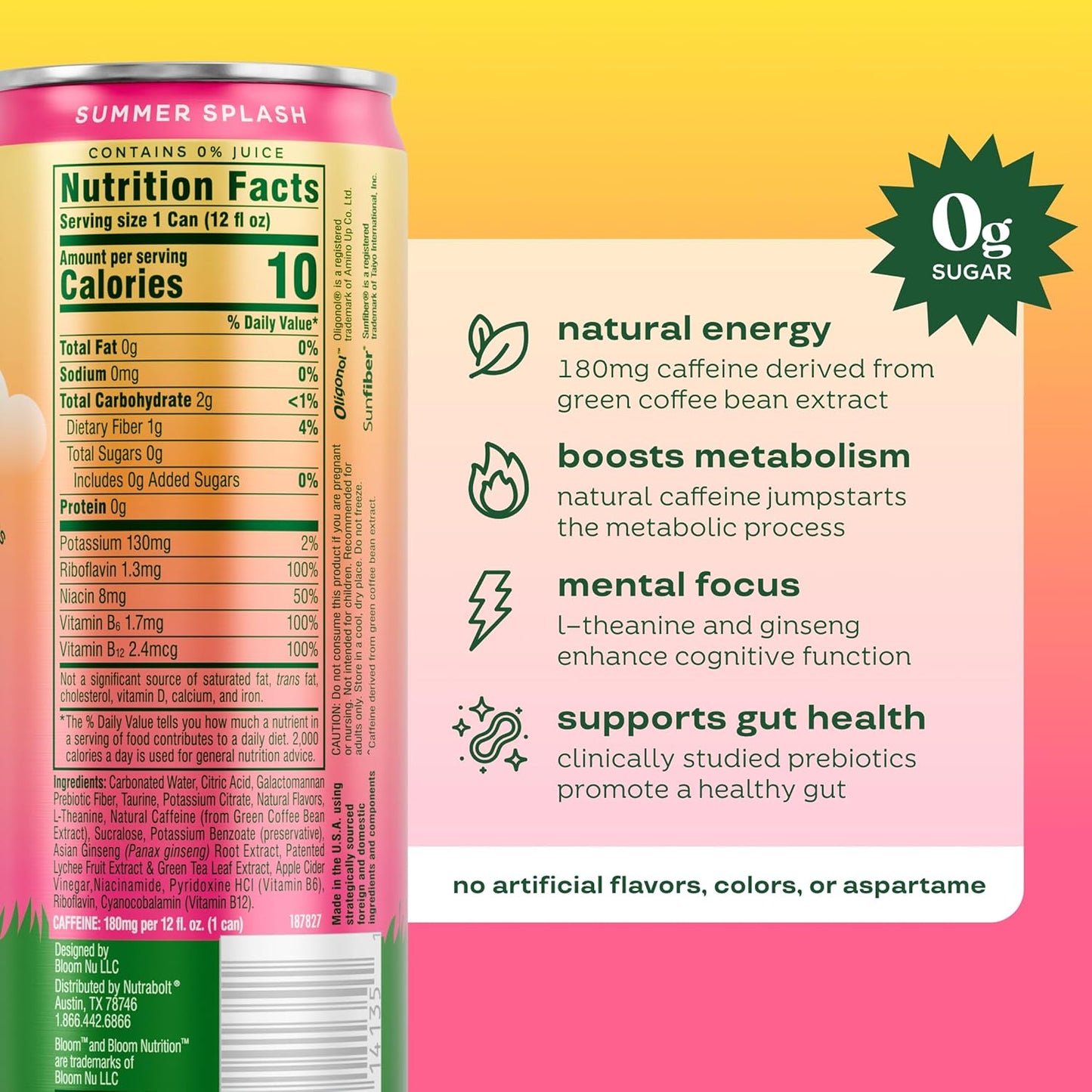 Bloom Nutrition Sparkling Energy Drink (Summer Splash) — 12 fl oz (355mL) × 12 Cans
