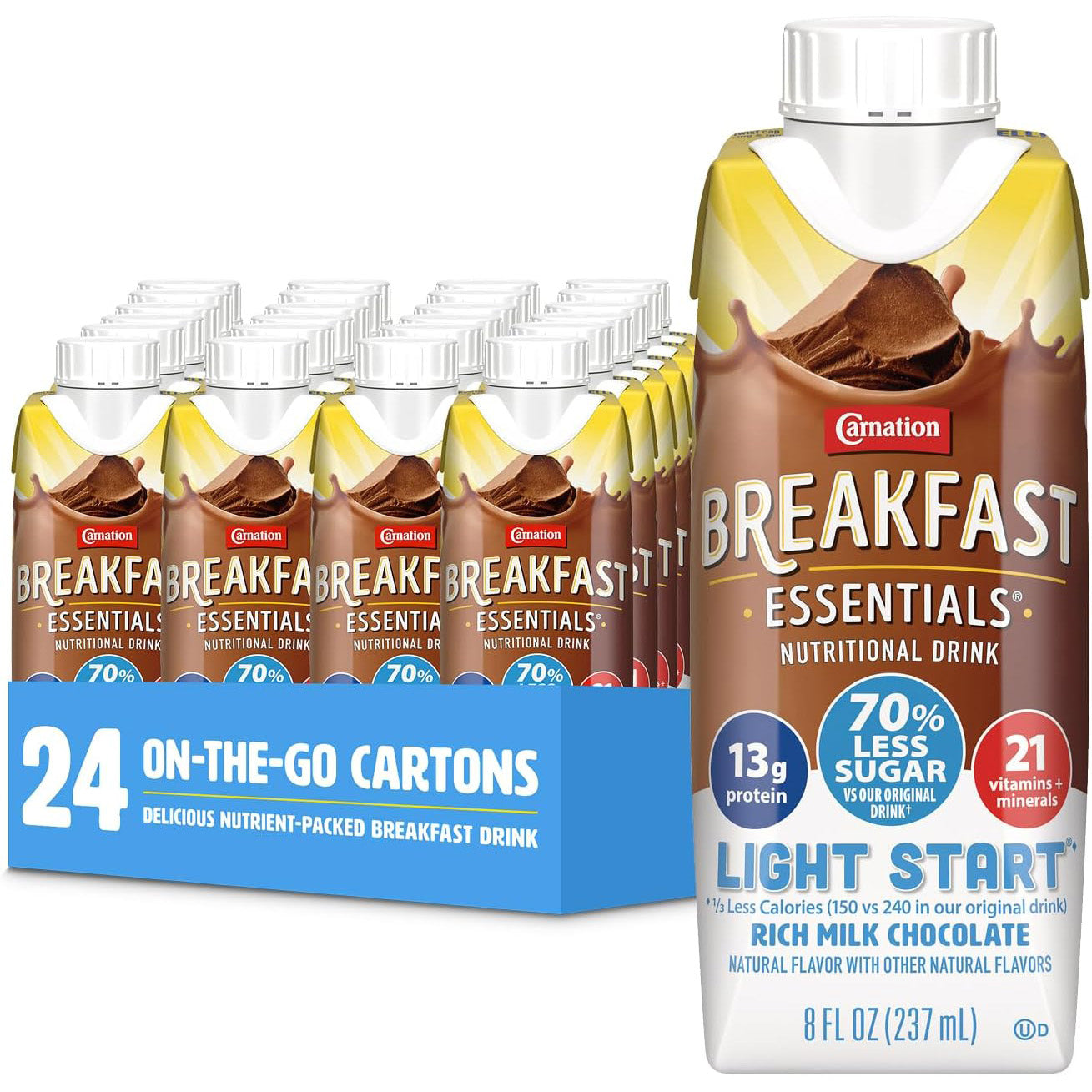 Carnation Breakfast Essentials Light Start Drink — Rich Milk Chocolate, 8 fl oz (237mL) × 24 Cartons