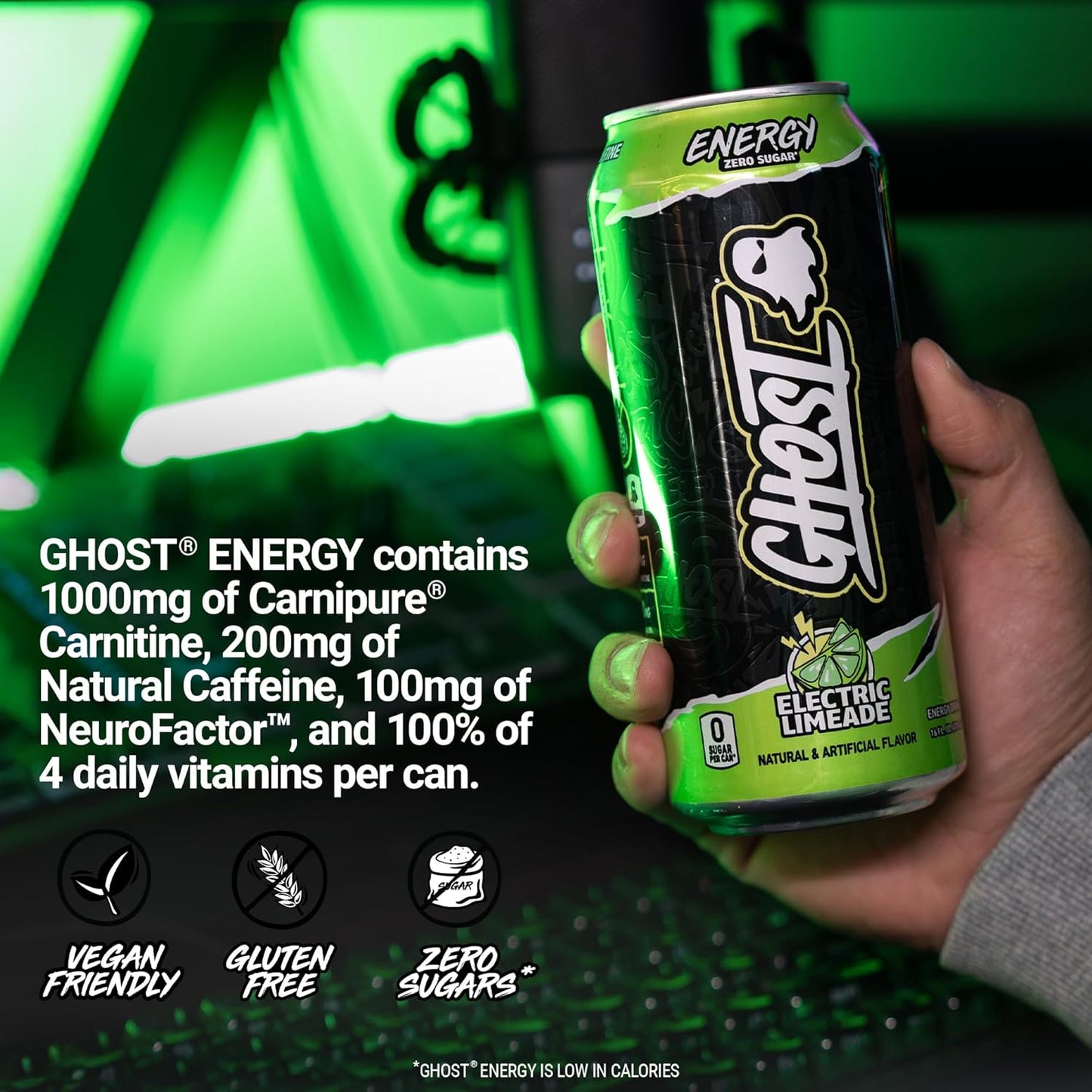 GHOST Electric Limeade Energy Drink — 16 fl oz (473mL) × 12 Cans